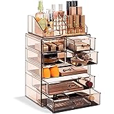 Sorbus Acrylic Makeup Organizer Set, 7-Drawer Vanity & Countertop Cosmetic Storage with Small & Wide Compartments, Bronze Glow Makeup Storage for Brushes, Jewelry – Holiday Gift for Women & Teens