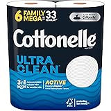 Cottonelle Ultra Clean Toilet Paper with Active CleaningRipples Texture, Strong Bath Tissue, 6 Family Mega Rolls = 33 Regular