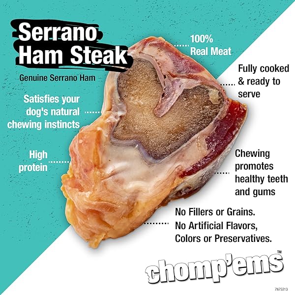RUFFIN’ IT CHOMP’EMS SERRANO HAM STEAK, 1 PACK – HEALTHY, PROTEIN RICH TREATS FOR DOGS – LONG LASTING DOG CHEWS