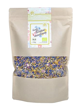 direct&friendly Bio bunte Blütenmischung - farbenfrohe Essblüten-Mischung aus Rosen-, Ringelblumen- und Kornblumenblütenblätt