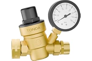 TONDA RV Water Pressure Regulator, Brass Lead-Free Adjustable Pressure Regulator with Gauge and Inlet Screen Filter for RV Camper Travel Trailer Water Hose