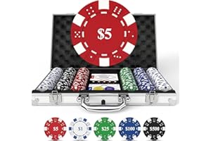 HEITOK Poker Set with Denominations, 300-pcs 11.5g Weighted Numbered Chips, 5 Dice, 2 Decks with Compact Aluminum Case for Texas Hold'em, Blackjack, Age 8 and Plus