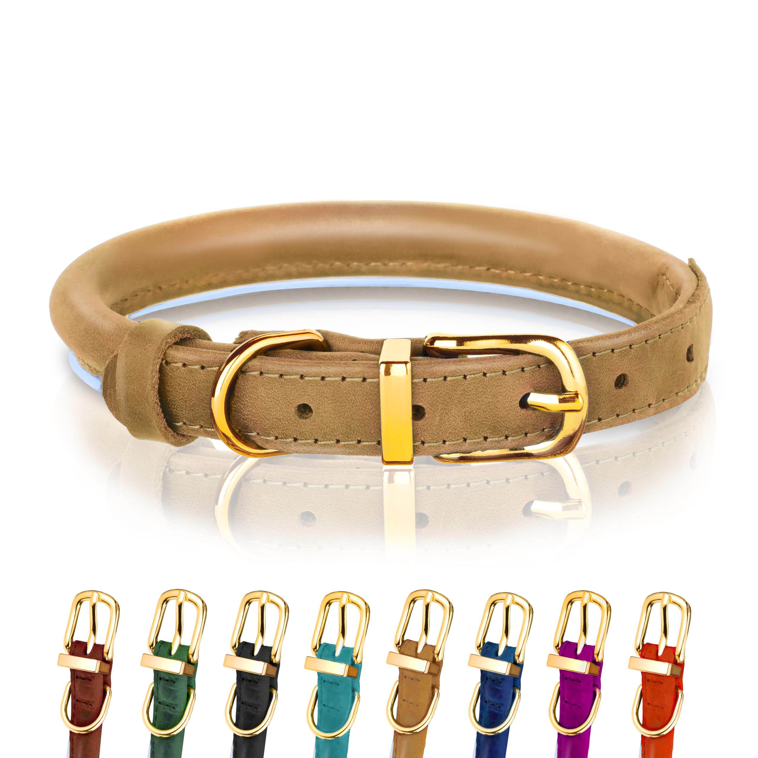 OOPSDOGGY Reflective Rolled Leather Dog Collar for Small Medium Large Dogs Puppy, 8 Colors, 7 Sizes (Camel, XXS, 7"-9") — image 1
