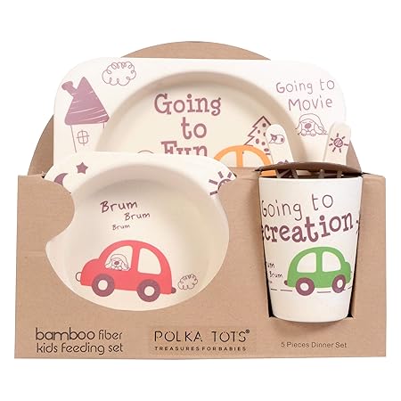 POLKA TOTS Bamboo Fibre Kids Crockery Set, Having 5 Pieces Dining Set -Eco Friendly (Car)