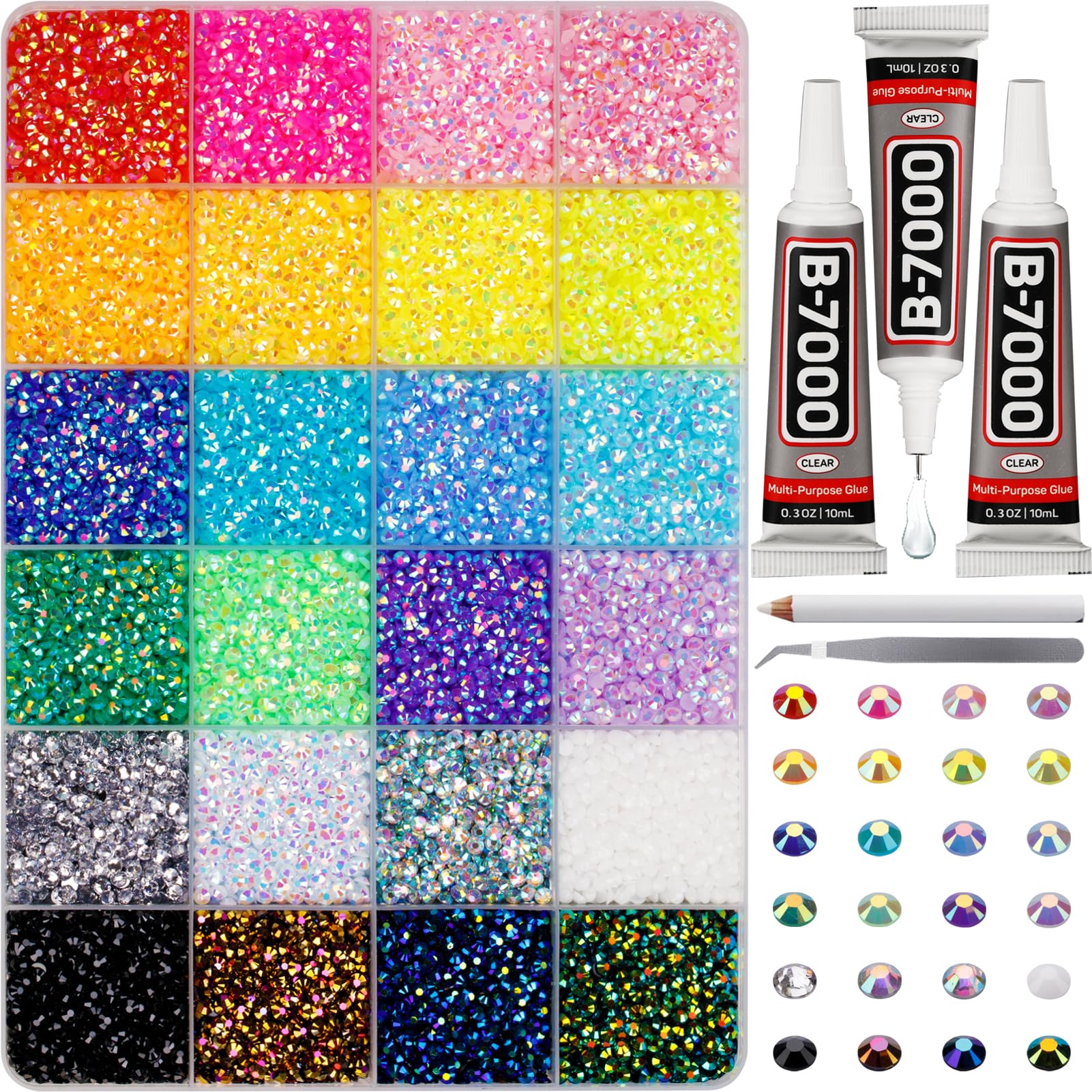 Photo 1 of 33000Pcs Rhinestones for Bedazzling, 3mm Bedazzler Kit with Flatback Rhinestones for Clothes Crafting Crafts Nails Clothing, Flat Back Resin Rainbow Colorful Colored Crystal with B 7000 Glue Clear