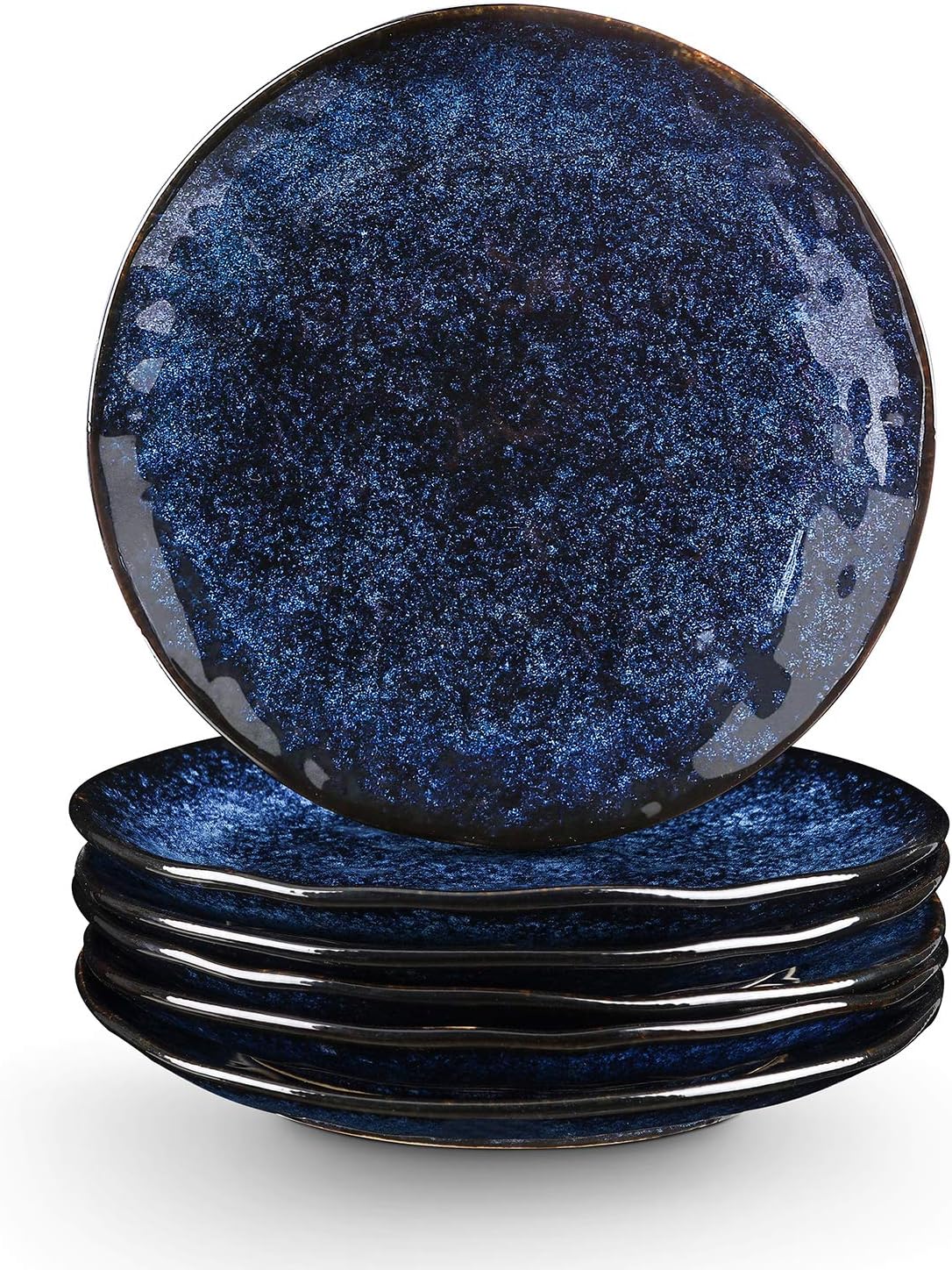 Vicrays Porcelain Dessert Salad Plates, 8 Inch, Set of 6, Round, Microwave, Oven, and Dishwasher Safe, Scratch Resistant, Ceramic Fluted Suitable for Snacks, Appetizer, Home, Party, Restaurant (Blue)