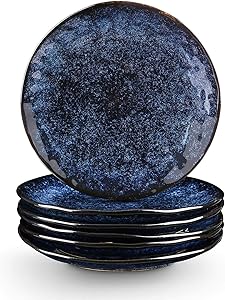 Vicrays Porcelain Dessert Salad Plates, 8 Inch, Set of 6, Round, Microwave, Oven, and Dishwasher Safe, Scratch Resistant, Ceramic Fluted Suitable for Snacks, Appetizer, Home, Party, Restaurant (Blue)
