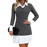 ZEEJINNG Women Long Sleeve Ribbed Knit Dress Contrast V Neck Collar Fall Slim Fit Short Mini Dresses