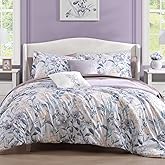 CASAAGUSTO King Comforter Set, 7 PCS Purple Iris Floral Comforter Set with Flowers Leaves Pattern, Soft Seersucker Design All Season King Size Bedding Set(102"X90")