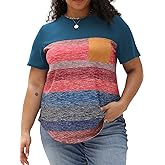 ROSRISS Womens Plus Size Shirts Summer Round Neck Tops Short Sleeve Blouses Turquoise 2XL