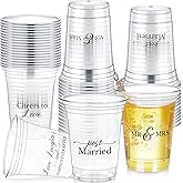 Jingmore 50 Pcs Wedding Plastic Cup 12 oz Wedding Disposable Cups for Reception Thick Clear Cup Happily Ever After Mr and Mrs Just Married Cups for Bridal Shower Decorations