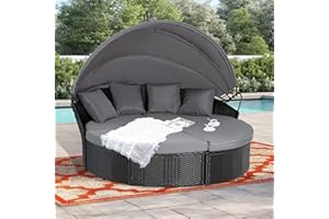 Crownland Patio Daybed with Retractable Canopy Rattan Wicker Clamshell Round Outdoor Furniture Seating and Soft Cushions(Grey)