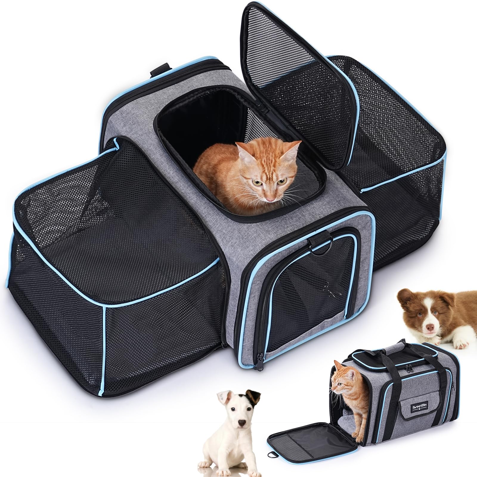 Photo 1 of SweetBin 2 Sides Travel Expandable Pet Carrier Bag (Large), Soft-Sided Cat Carrier with Pad & Pocket & Removable Shoulder Strap - 18"x11"x11" Dog Carrier