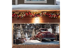 ANNA QUEEN Christmas Garage Door Banner 7x16FT, Rustic Barn with Red Truck & Snowmen Garage Door Cover, Large Outdoor Xmas Decoration for Garage Yard Fence Winter Parties