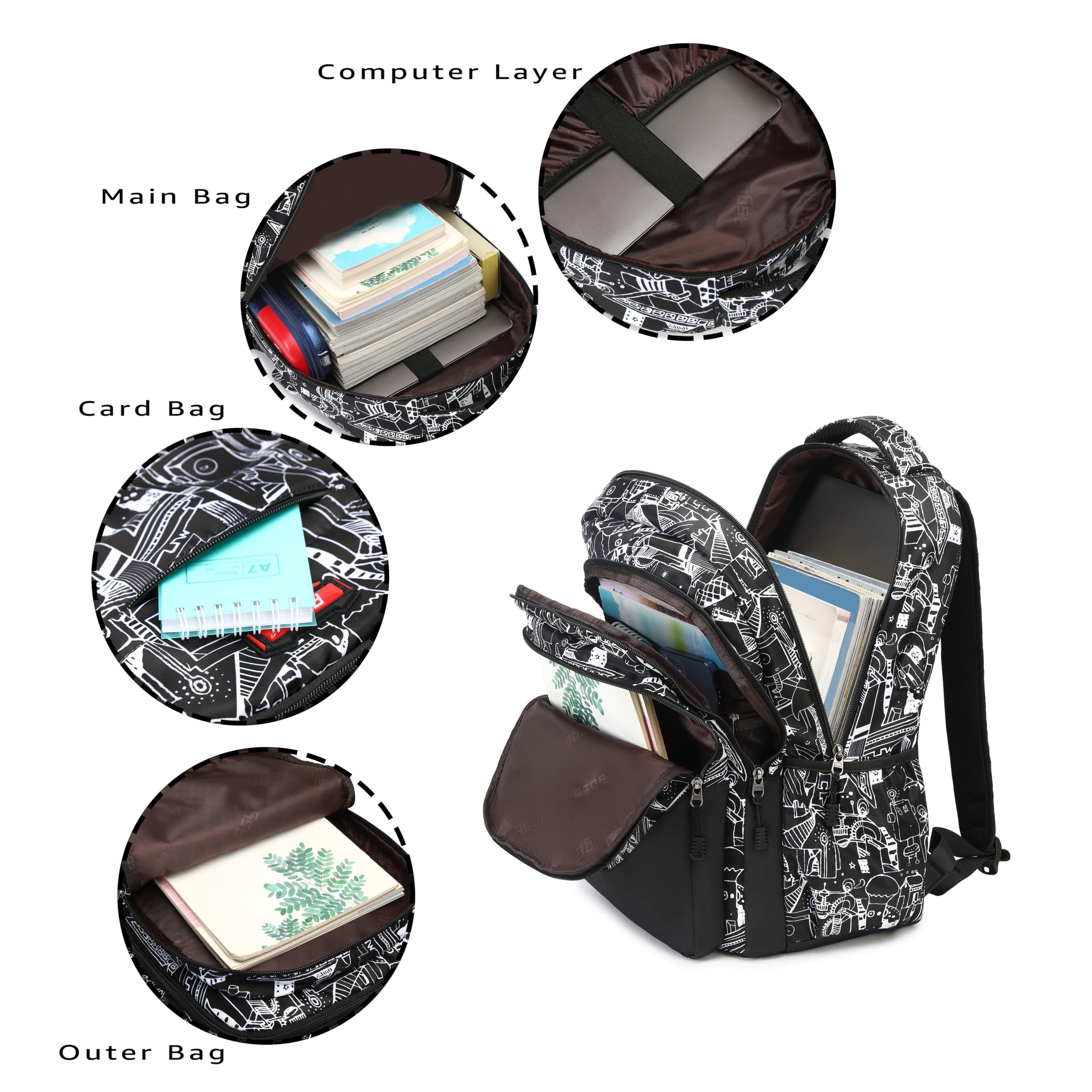Asge Large Nylon Backpacks for Boys & Girls, Waterproof Satchel with Print, School Bags for 8-16 Years