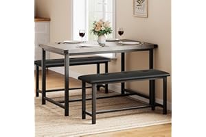Fancihabor Dining Table Set for 4, Kitchen Table with 2 Upholstered Benches, Rectangular Dining Room Table Set, 3 Piece Kitchen Table Set for Small Space, Apartment, Dinner, Studio, Retro Grey