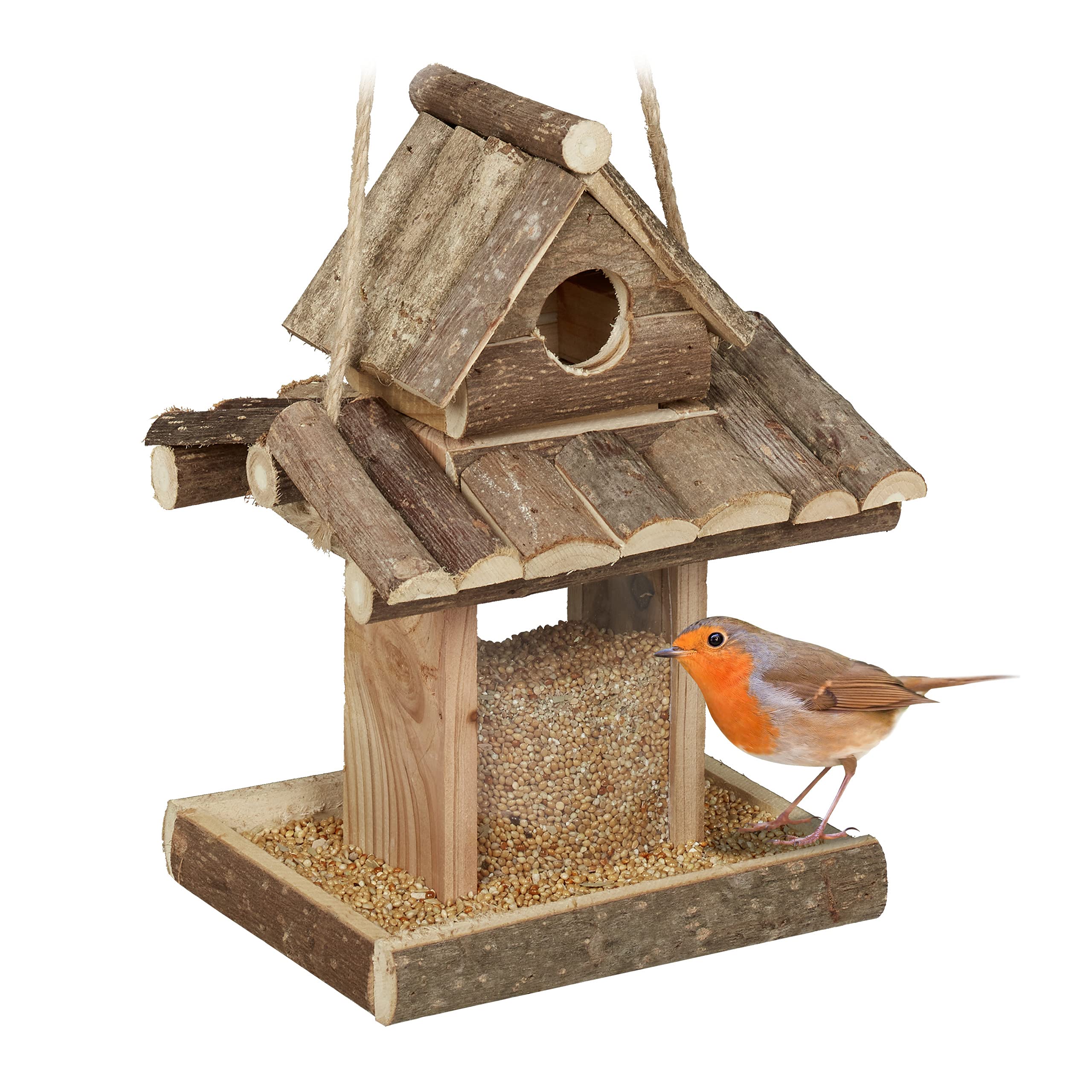 Relaxdays Bird Feeder, Hanging, H x W x D 25 x 17.5 x 16 cm, Garden, for Small Birds, Wood, Natural