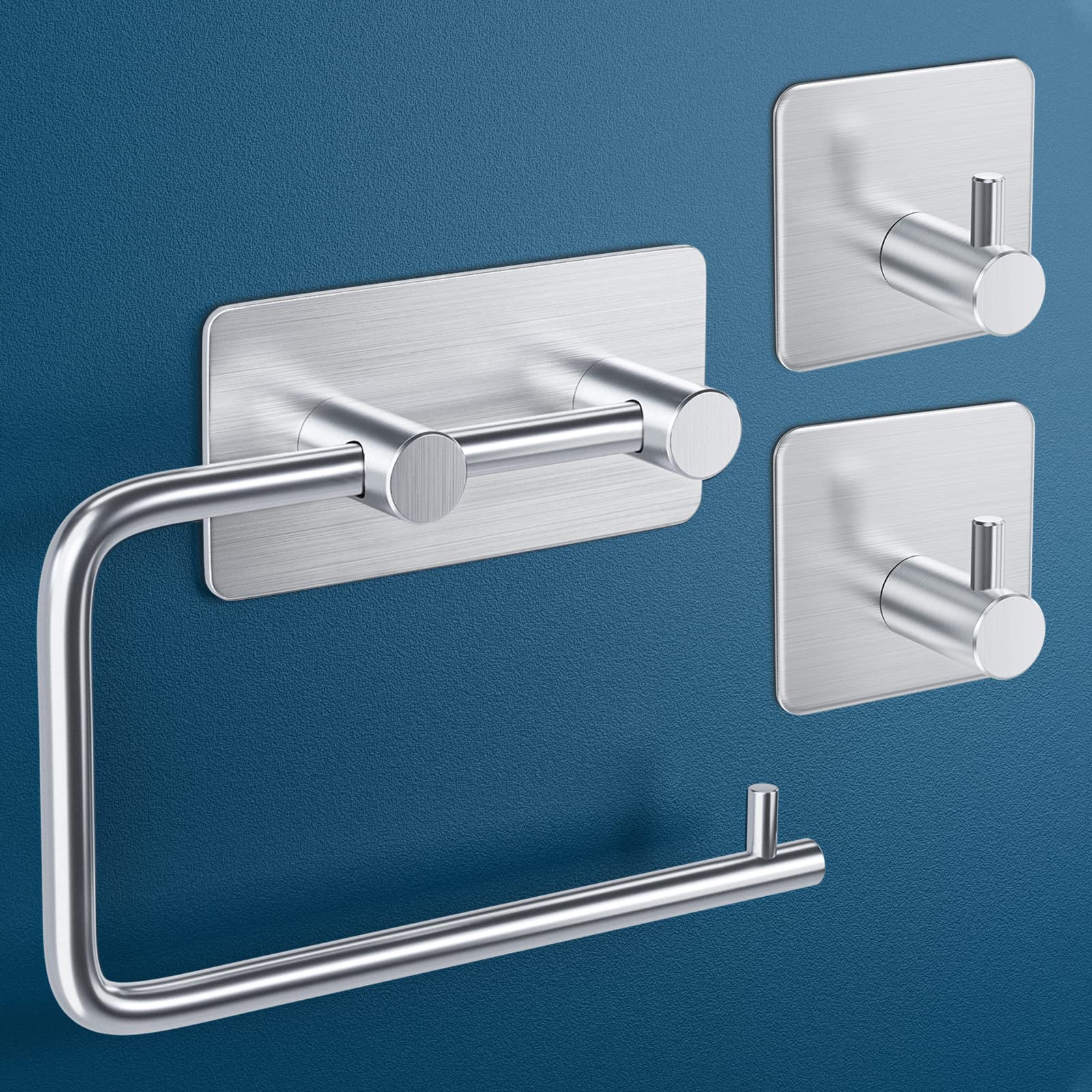 Aikzik Toilet Paper Holder with 2 Towel Hooks Self Adhesive Stainless Steel Wall Moun Toilet Roll Holder Towel Hanger for Kitchen and Bathroom