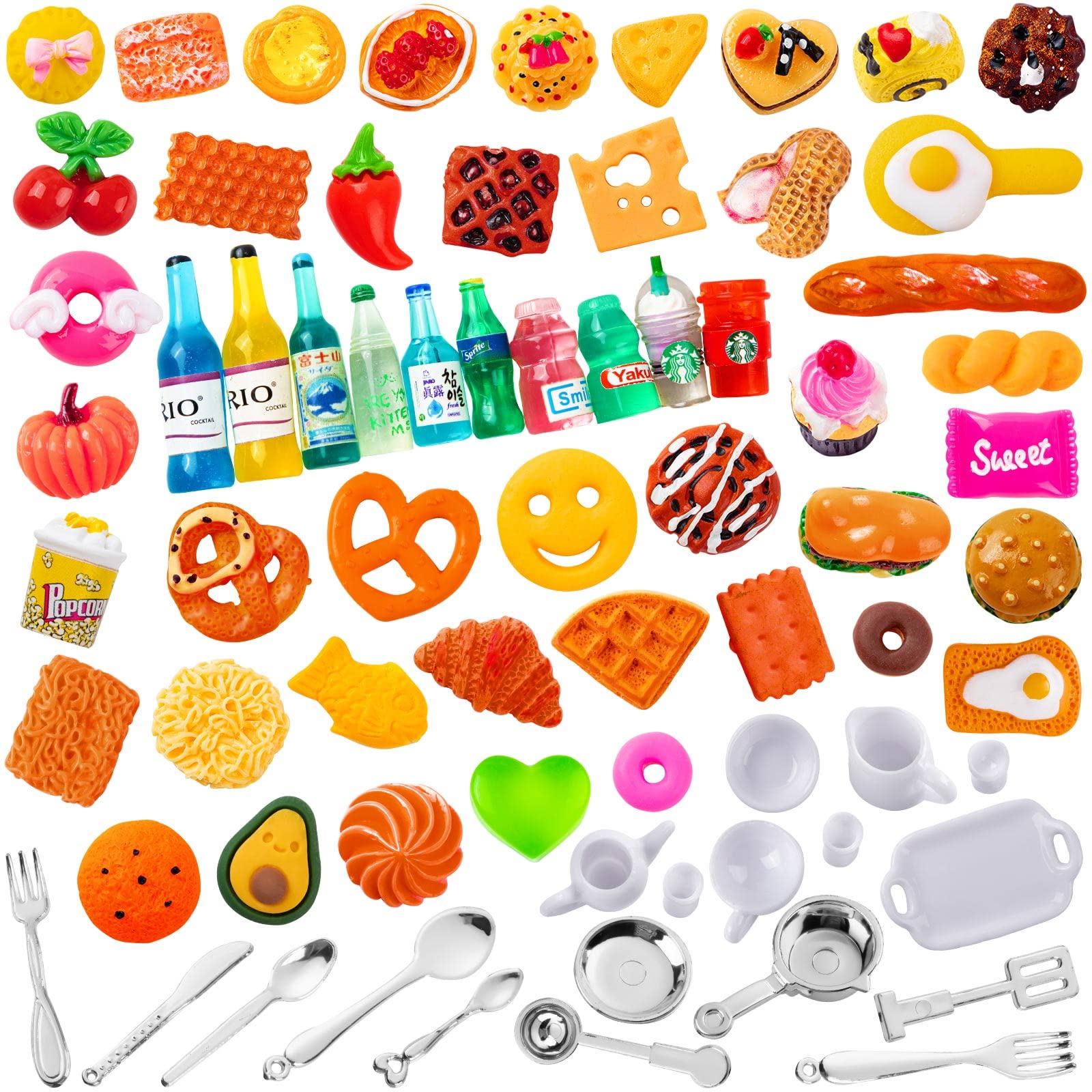 160 Pcs Mini Food Toys, Miniature Food Drinks Bottles for Doll Kitchen Pretend Play, Mixed Resin Kitchen Cutlery Toys for Adults Teenagers Doll House