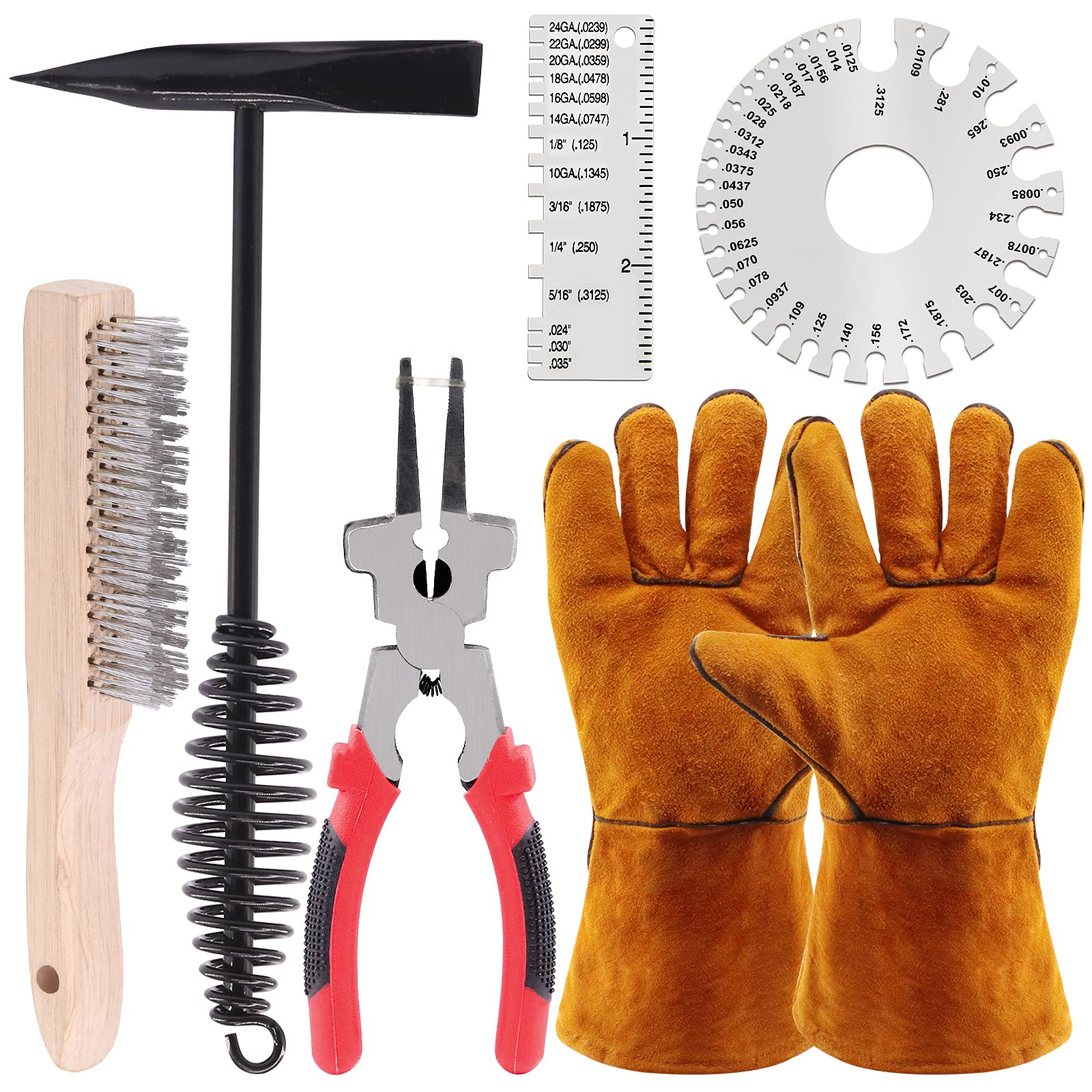 Glarks 6Pcs Welding Tool Set - Chipping Hammer with Coil Spring Handle, Wire Brush, Plier, 2Pcs Stainless Steel Metal Sheet Thickness Gauges — image 1