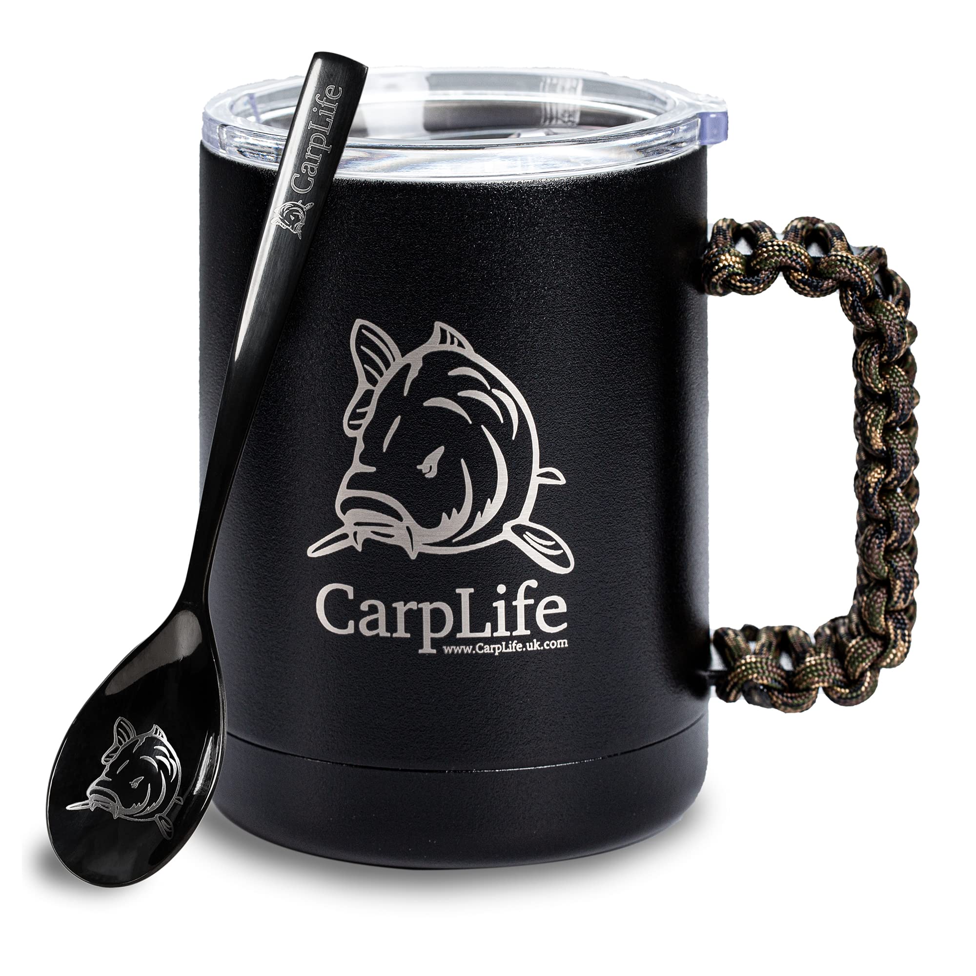 CarpLife Thermal Fishing Mug, Lid & Spoon - Stainless Steel Thermal Mug with Lid and Handle – Insulated Travel Cup, Fishing Cup with Etched Spoon – Portable Coffee Tea Brew Kit for Hot & Cold Drinks