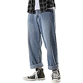 DOSLAVIDA Men's Work Jeans Casual Hip Hop Cargo Solid Color Loose Fit Straight Wide Leg Cotton Denim Pants with Zipper