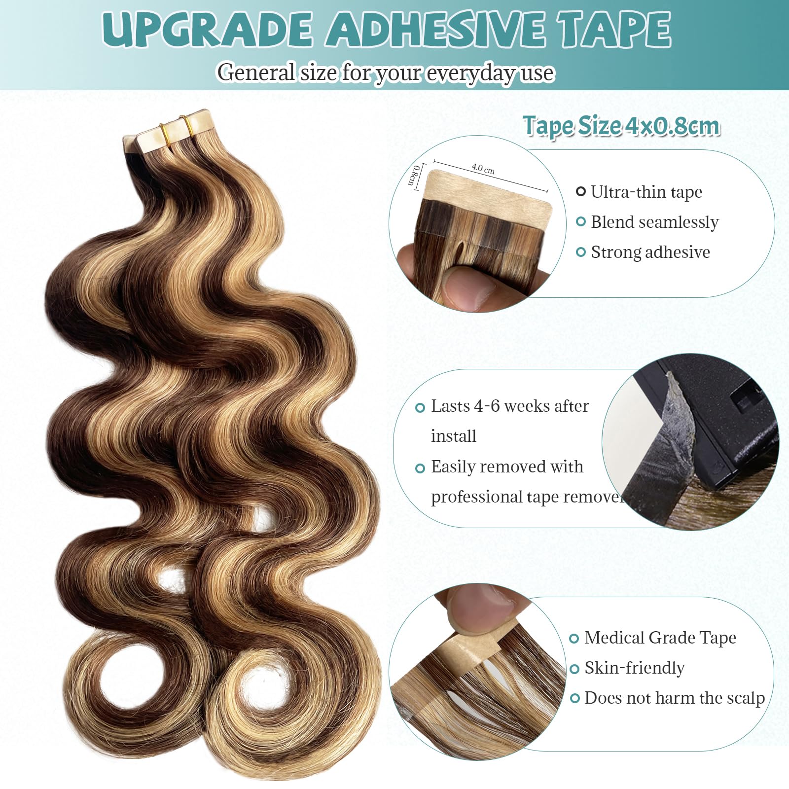 Condition photo showing New/Like New for tape in hair extensions human hair chocolate brown to caramel blonde 24 inch 20pcs 70g/pack seamless