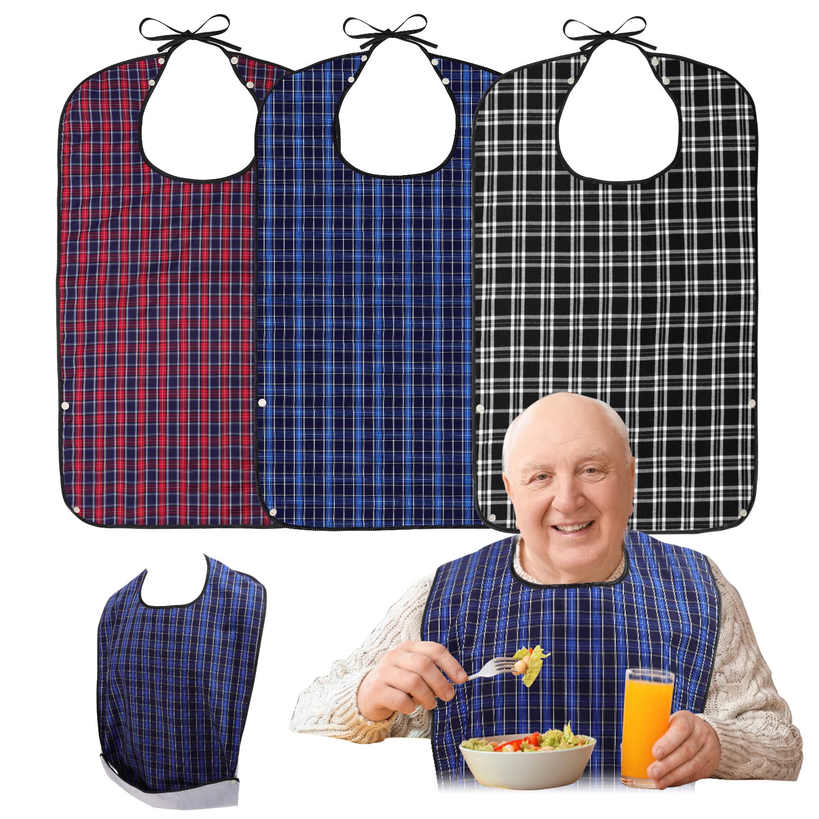 Roylvan Adult Bibs, 3 Pcs Washable Clothing Protector with Crumb Catcher for Eating, Reusable Waterproof Large Adult Feeding Bibs with Snaps for Elderly Senior Women Men, Black & Red & Blue