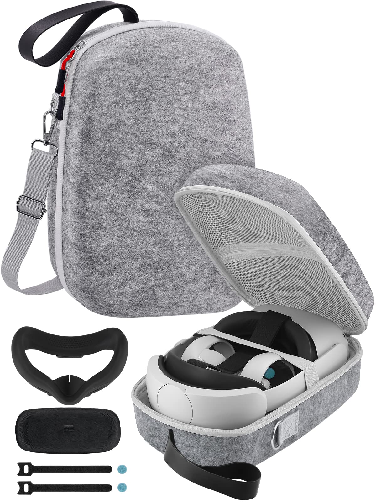 TOENNESEN Hard Carrying Case for Meta Quest 3/Oculus Quest 2/Vision Pro VR Headset with Official Elite Battery Strap and Touch Controllers Accessories, Lightweight for Travel and Home Storage(Grey)