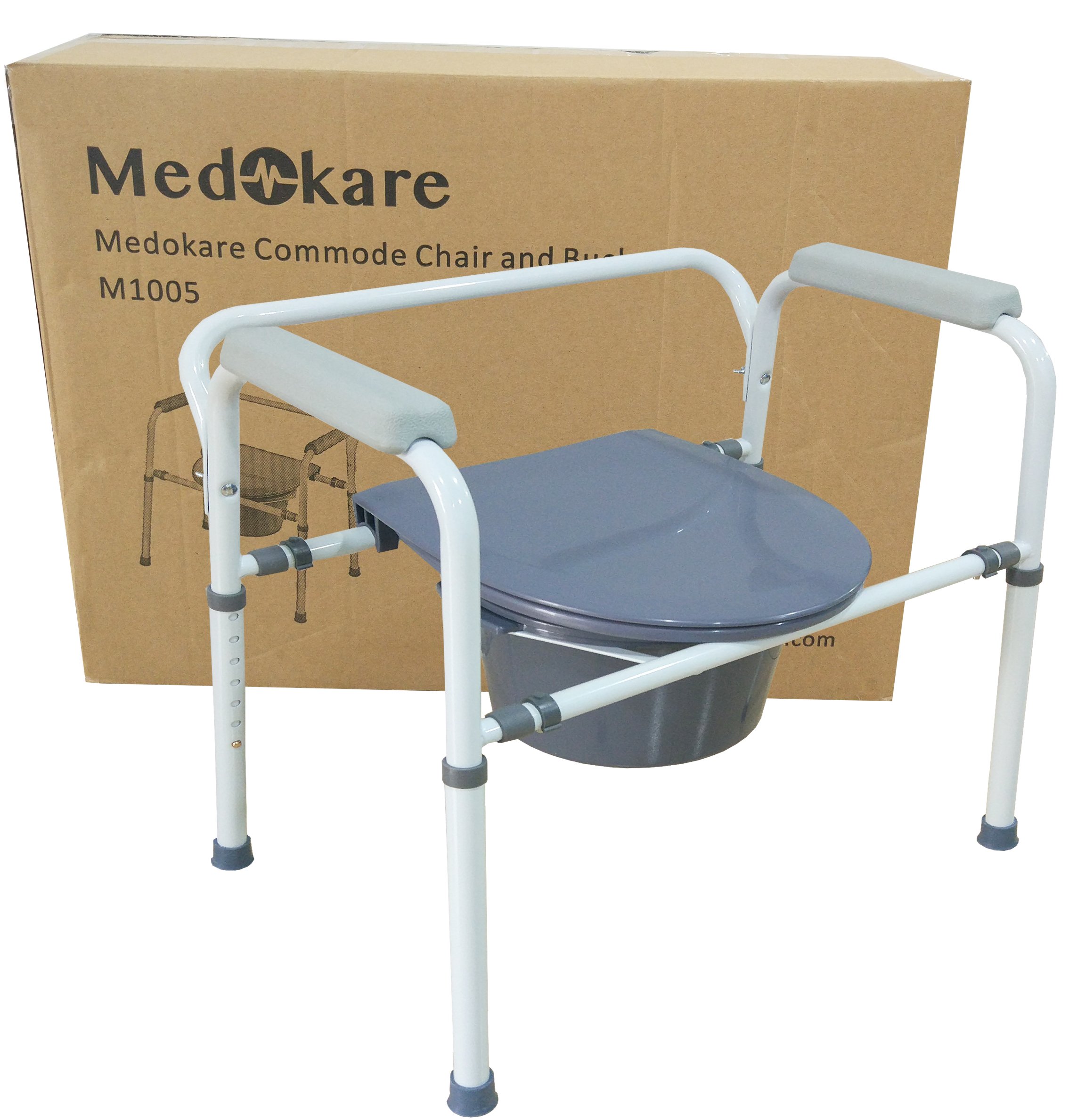 Medokare Bedside Commode Chair - Heavy-Duty Steel Commode Seat, Bedside Potty Chair for Adults, Medical Handicap Toilet Seat with Handles and Bucket