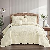 DaisyHuang Botanical Oversized Bedspread King Size - Leaves Pattern Stitching Quilt Set - Elegant & Fresh Style Bedding Coverlets, Reversible, Lightweight, 5 Piece, Ivory