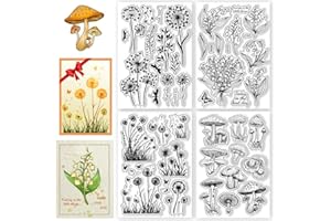 CHGCRAFT 4 Sheets 4 Styles Plants and Flowers Clear Stamps Dandelions and Mushrooms Silicone Stamp Seal for DIY Scrapbooking and Card Making Paper Craft Decor 6.3 × 4.3 Inch