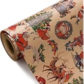 WRAPAHOLIC Kraft Vintage Christmas Wrapping Paper - Mini Roll - 17 Inch x 16.5 Feet - Santa, Tree and Festive Scene Retro Christmas Wrapping Paper for Holiday, Party Celebration
