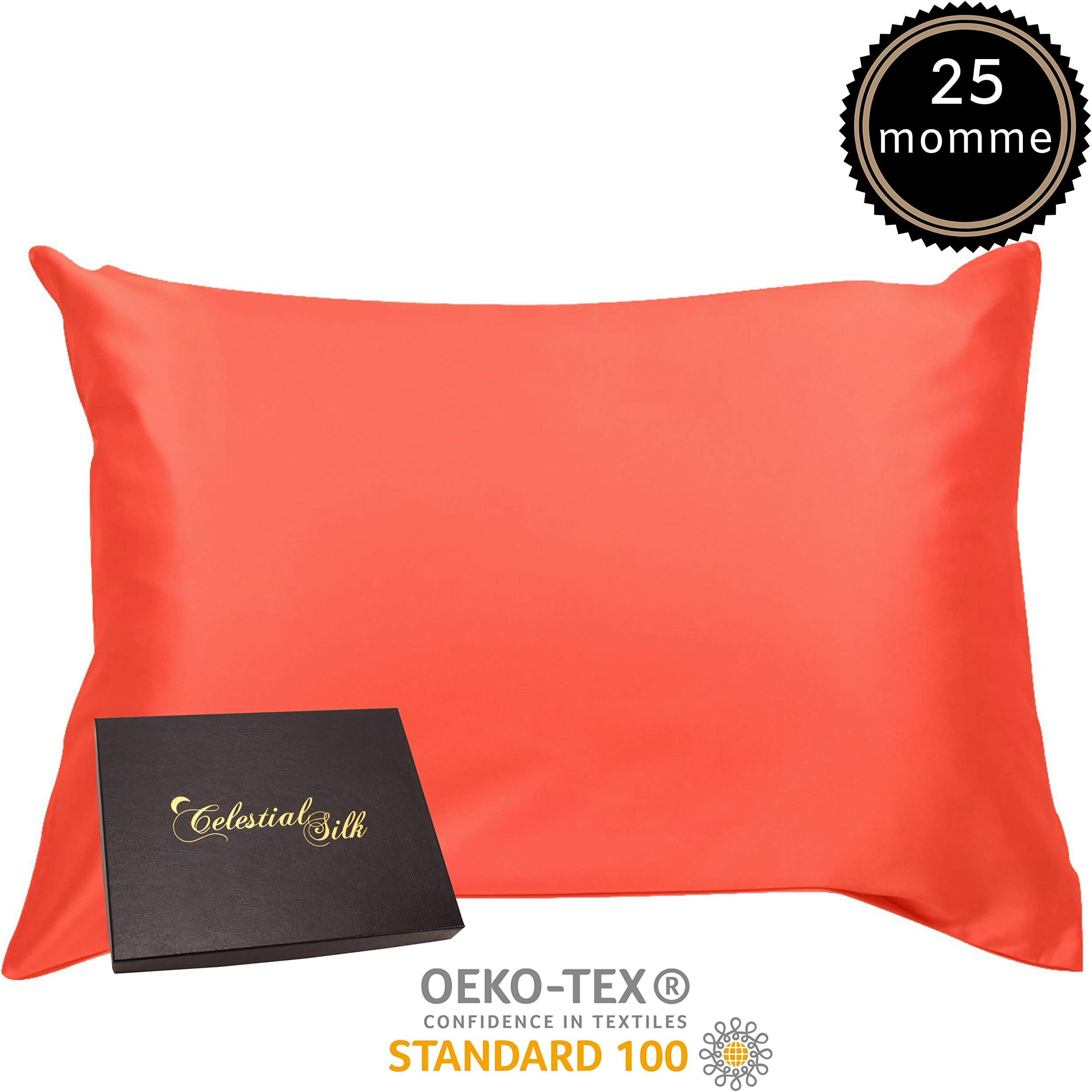 100% Silk Pillowcase for Hair Zippered Luxury 25 Momme Mulberry Silk Charmeuse Silk on Both Sides of Cover -Gift Wrapped- (Standard, Coral)