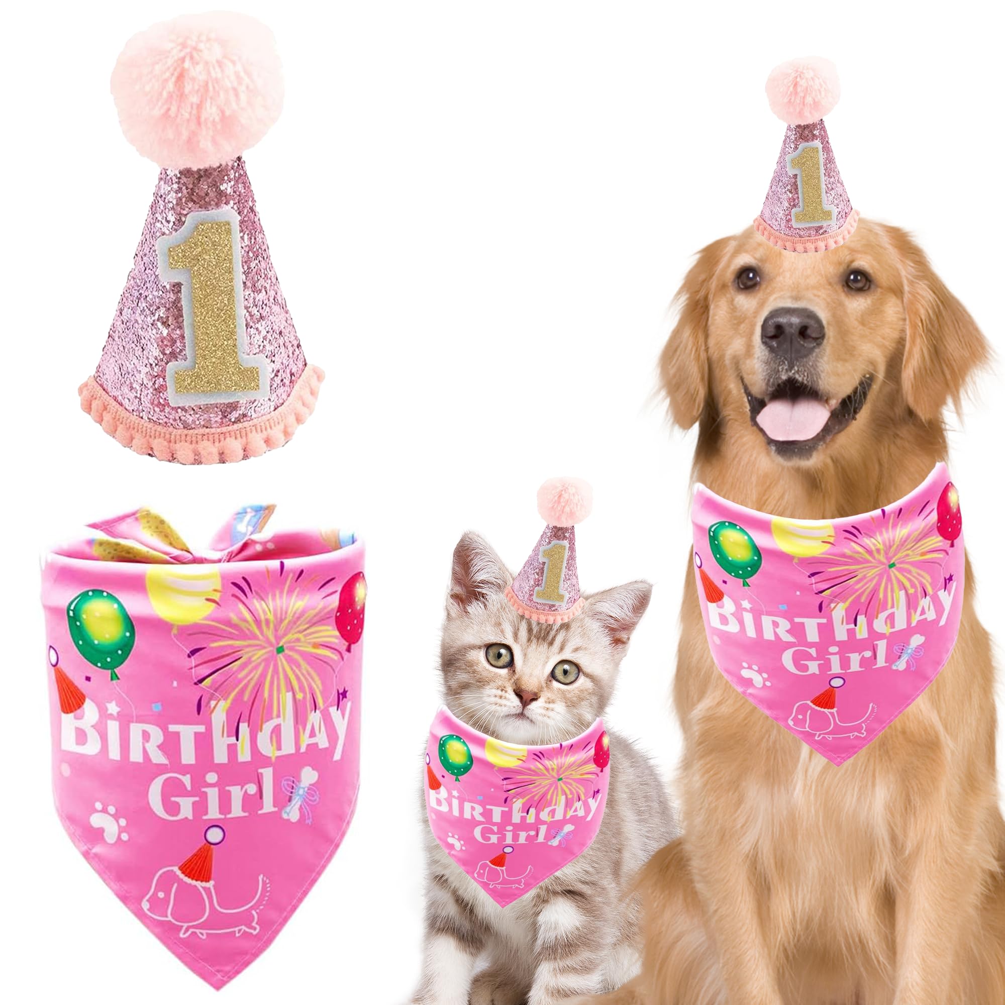 BIPY 1st Birthday Dog Hat Bandanas Set for Girls Small Medium Puppy First Birthday Blue Grooming Supplies Pet 1 Year Birthday Celebration Decoration Accessories