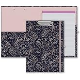 Cute Clipboard Folio with Refillable Lined Notepad and Interior Storage Pocket for Office Black A4 Foldable Clipfolio - Navy Floral
