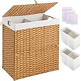 Greenstell Laundry Hamper with lid, No Install Needed, 110L Wicker Laundry Baskets Foldable 2 Removable Liner Bags, 2 Section Clothes Hamper Handwoven Rattan Laundry Basket with Handles, Natural