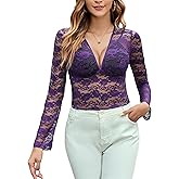 Avidlove Lace Crop Top for Women Mesh Long Sleeve Blouse Deep V Neck Floral Lace Top