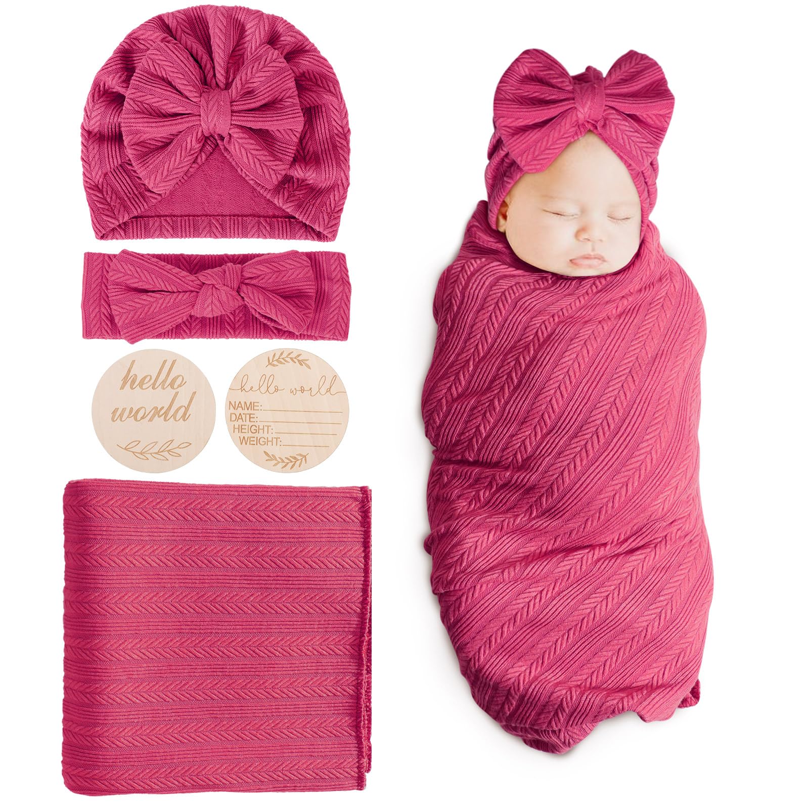 DRESHOW Newborn Baby Blanket Soft Swaddle Blankets for Infant Swaddling Receiving Warm Wraps with Bow Hat Headband