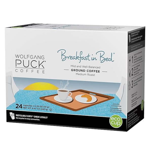 WOLFGANG PUCK COFFEE SINGLE SERVE CAPSULES, MEDIUM ROAST, COMPATIBLE WITH KEURIG K-CUP BREWERS, BREAKFAST IN BED, 24 COUNT
