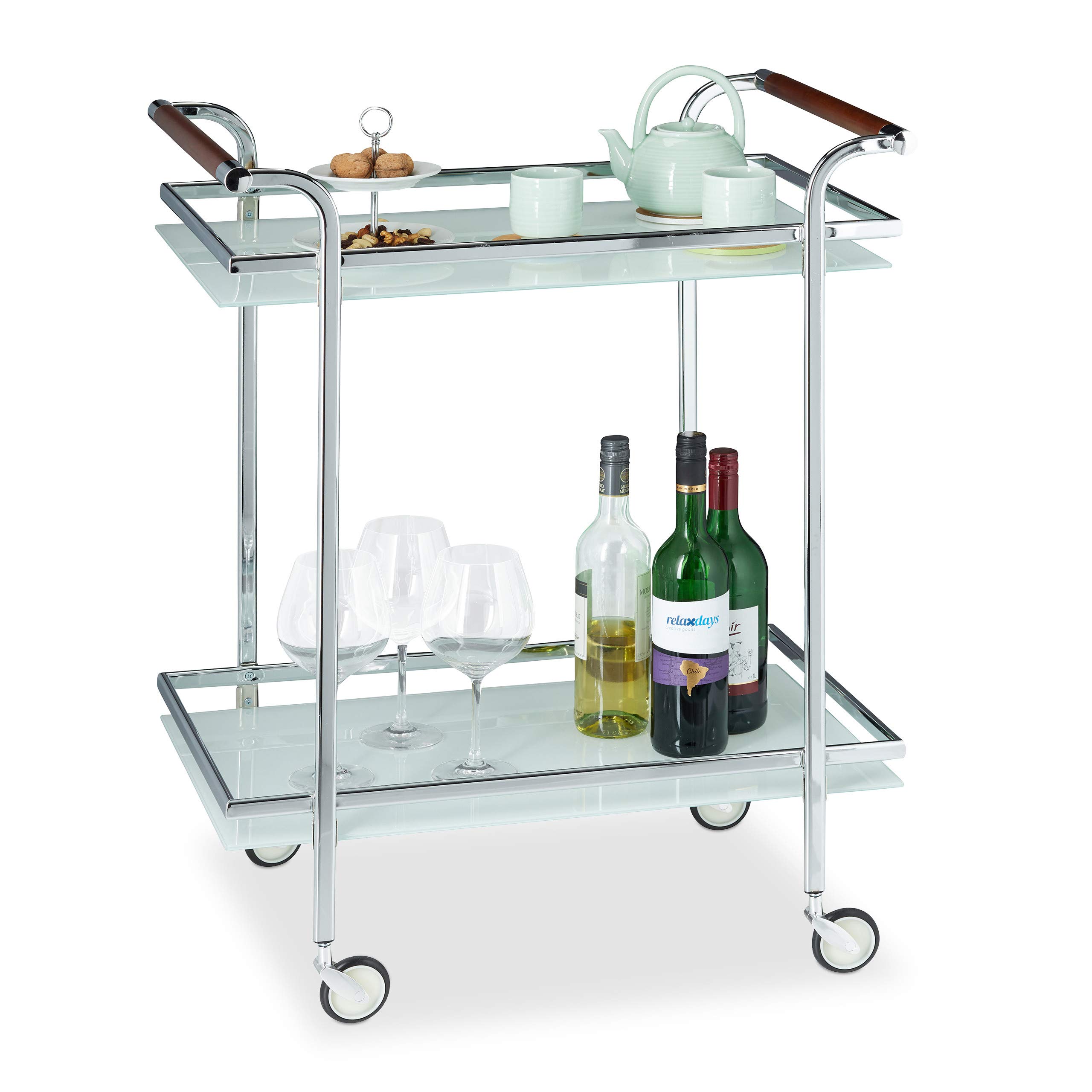 Relaxdays Frosted Glass Serving Trolley, Tea Station, Push Cart, 2 Tiers, Open, Deluxe Castors, HWD 85x66x43 cm, Silver