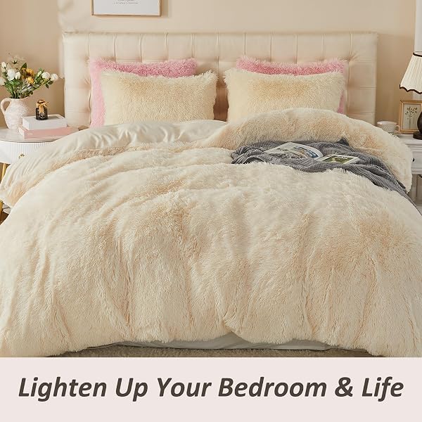 EMME LUXURY FUZZY DUVET COVER SET KING SIZE FLUFFY COMFORTER COVER SET FOR KING BED 2 PIECES SHAGGY AND PLUSH SOFT BEDDING DUVET COVERS (CREAM WHITE, KING)