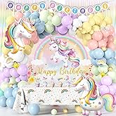 ESAG 142Pcs Unicorn Birthday Decorations for Girls Party Supplies, Pastel Pink Balloon Arch 33in Large Unicorn Foil Balloons Banner Cake Topper Backdrop Rainbow Tablecloth, Girls Birthday Party Decor