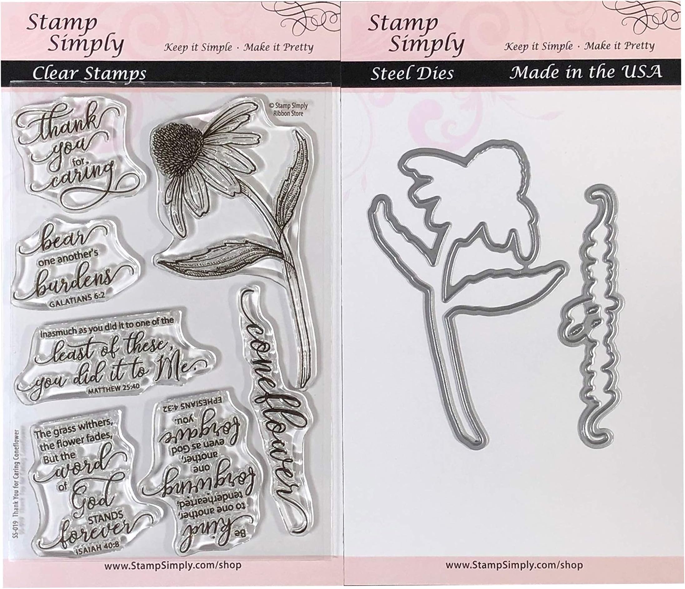 Stamp Simply Clear Stamps Christian Thank You for Caring Coneflower Garden Flower and Die (2-Pack) 9 Pieces