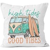 QGFM Summer Beach Pillow Covers 18x18, Beach Room Decor, Surf Room Decor, Coastal Outdoor Pillow Covers, High Tides Good Vibes Decorative Pillow Covers, Nautical Outdoor Pillow Cover