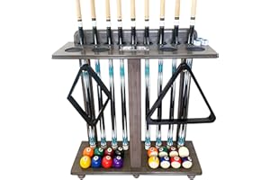 GACCO BILLIARDS Pool Cue Rack Floor Stand for Cue Stick at Any Size, A Full Set Of Balls, Billiard Table Accessory. Corner Pool Stick Holder 100% Solid Wood with Score Counter, Hook