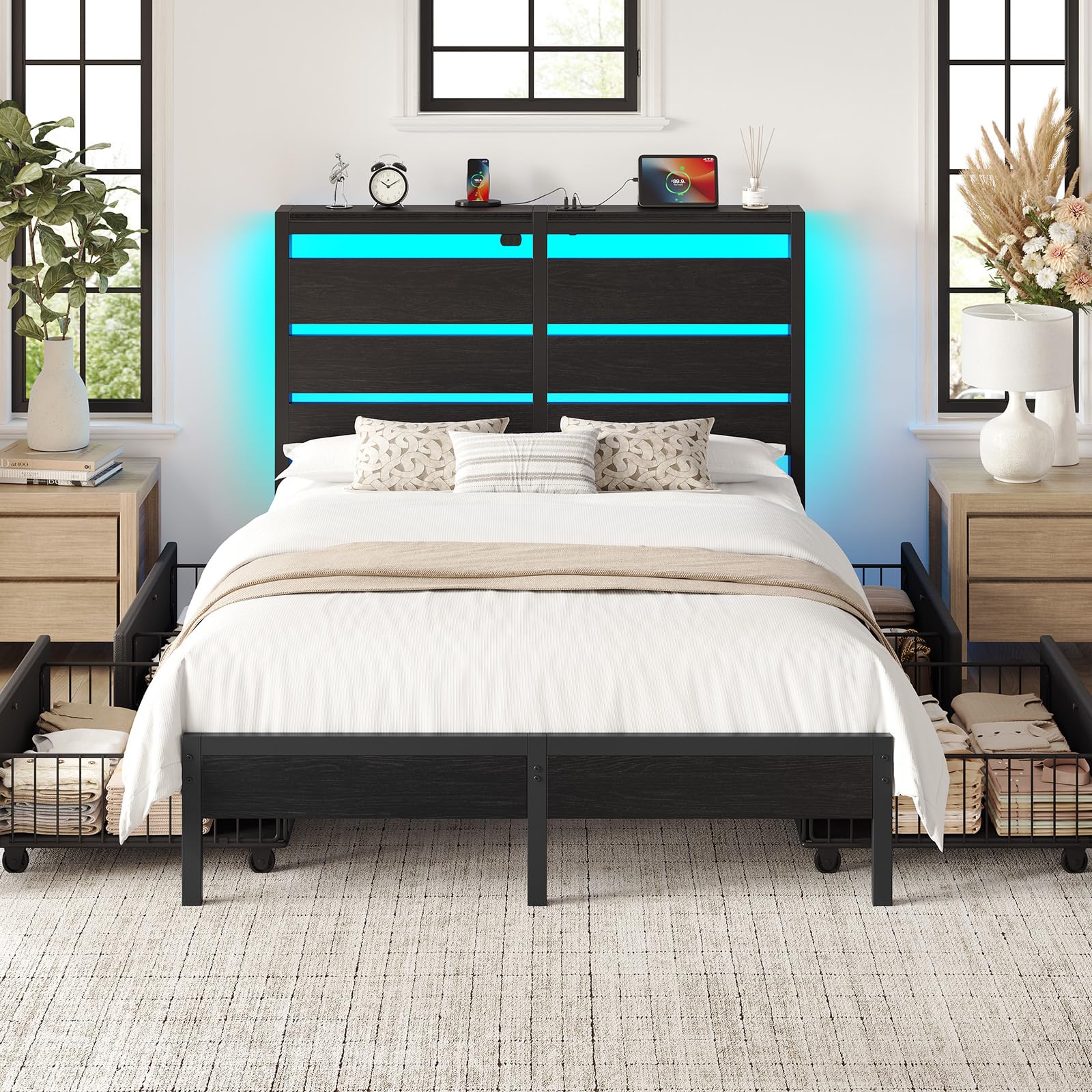 Rolanstar Queen Bed Frame with 4 Drawers, LED Lights and Charging Station, Metal Platform Bed with Storage Headboard, Noise Free, Easy Assembly, No Box Spring Needed, Black