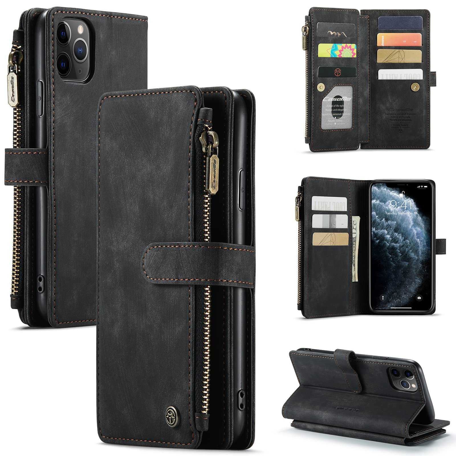 UFinetech Case for iPhone 11 Pro Max, Shockproof Card Holder Wallet Cover iPhone 11 Pro Max (6.5”), Anti-scratch Flip Magnetic Closure Built-in Kickstand Leather Soft TPU Slim Camera Protector, Black