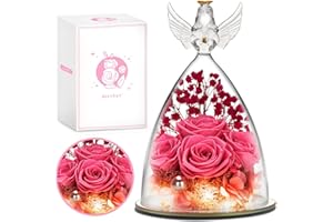 RIANEAN Women Gifts for Christmas, Preserved Flower Gifts for Mother Grandma Wife, Angel Figurine with 4 Roses & LED Light, Gifts for her on Birthday, Christmas, Wedding, Anniversary, Valentine's Day-Pink