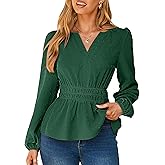 Simplee Womens Blouses Long Sleeve Peplum Boho Tops Fall Dressy Casual V Neck Swiss Dot Babydoll Tops Fashion Shirts